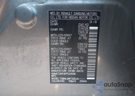 2019 Nissan Rogue Sv z USA, uszkodzony, nr VIN KNMAT2MV1KP529996